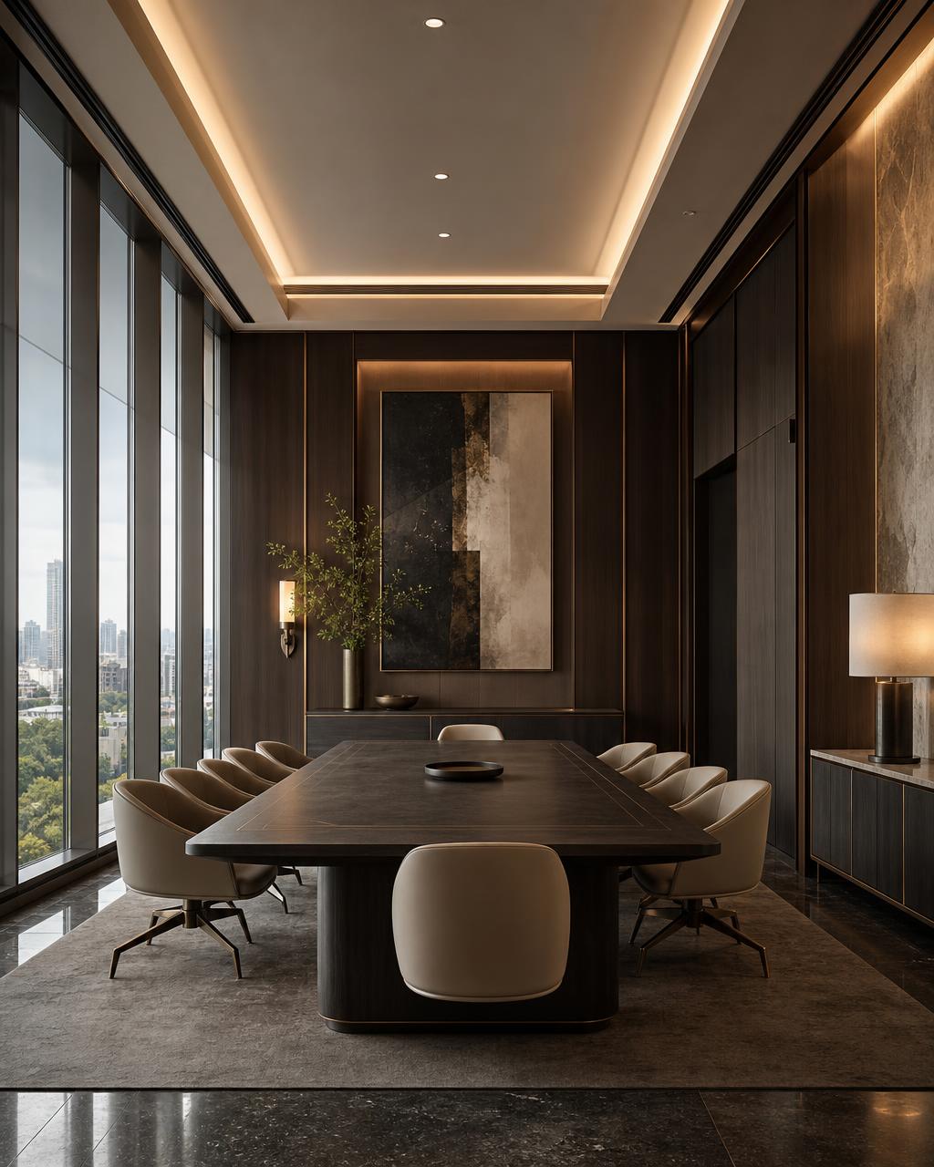 A refined private boardroom with dark wood, bronze accents and floor-to-ceiling glass